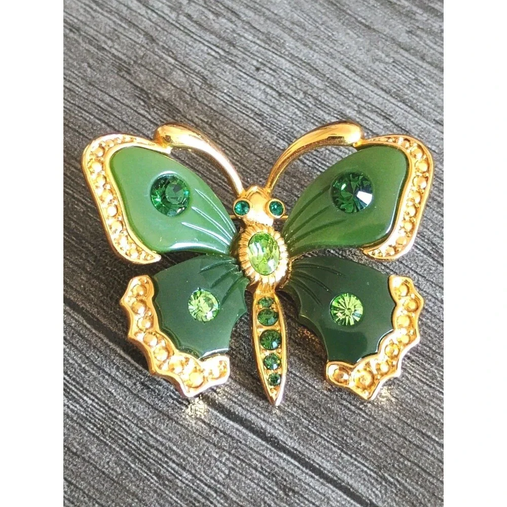 Joan Rivers Butterfly Jewels Of The Far East Green Rhinestone Gold Tone Brooch